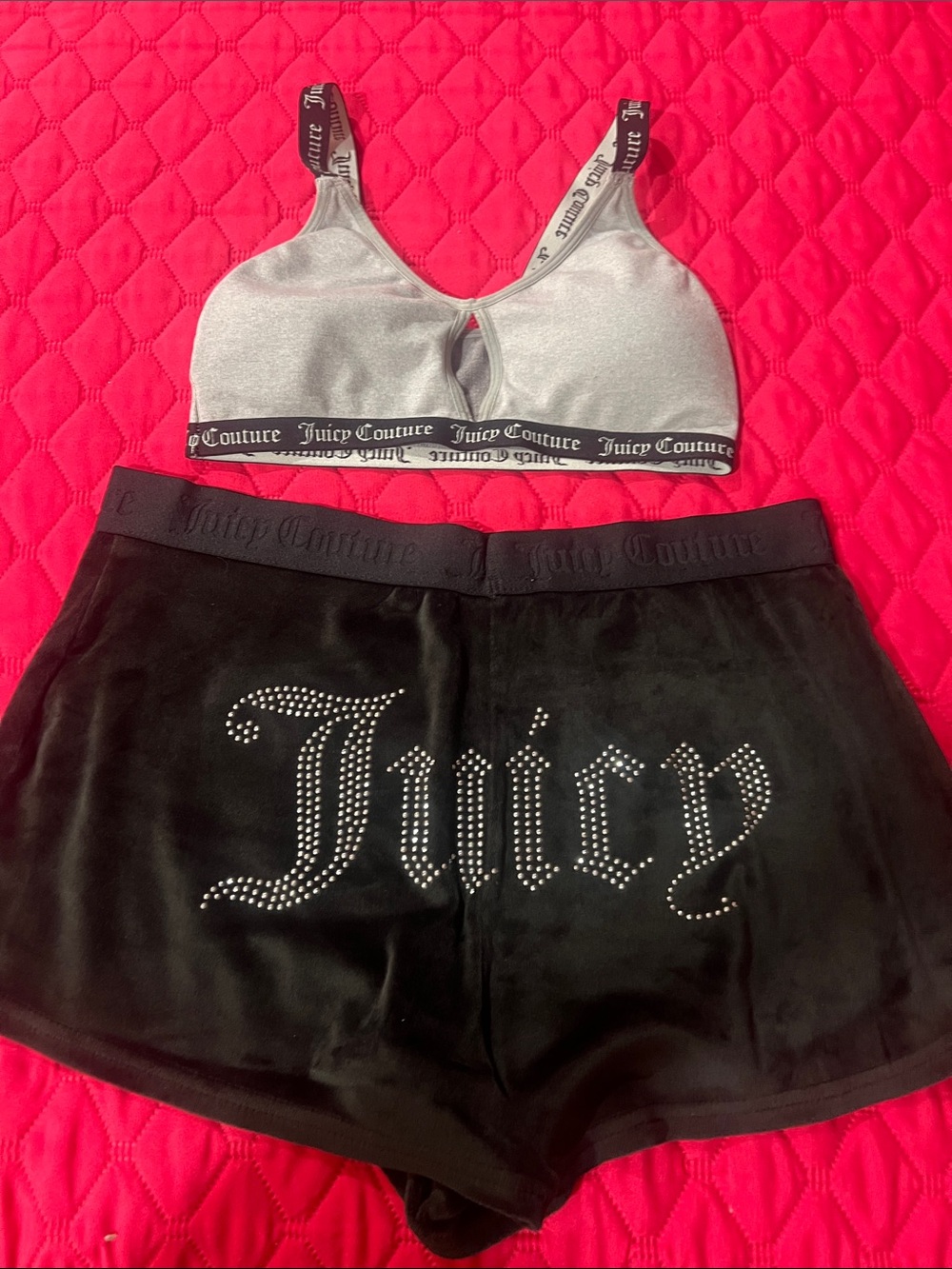 Juicy Couture Silver Bralette with Black Velour Rhinestone Logo Shorts